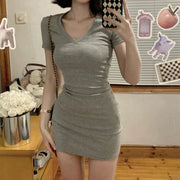 Gray v-neck short sleeve wrap hip dress