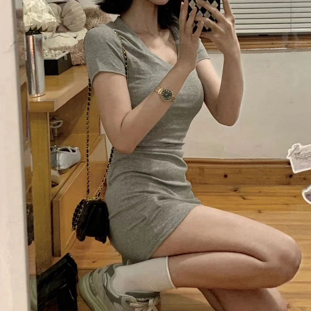 Gray v-neck short sleeve wrap hip dress