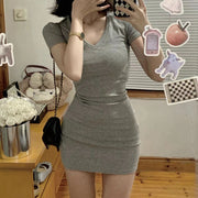 Gray v-neck short sleeve wrap hip dress