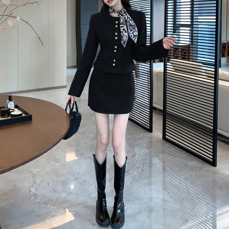 Waist-Cinching Wool Blend Blazer And Skirt Two-Piece Set