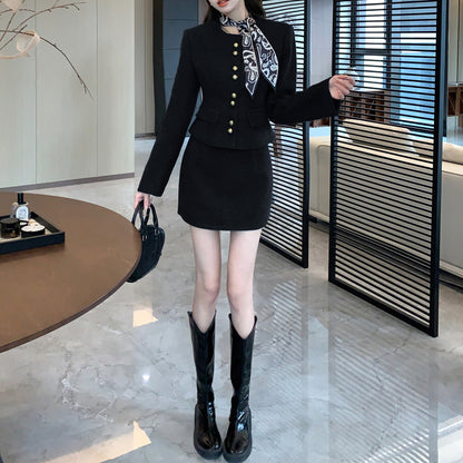 Waist-Cinching Wool Blend Blazer And Skirt Two-Piece Set