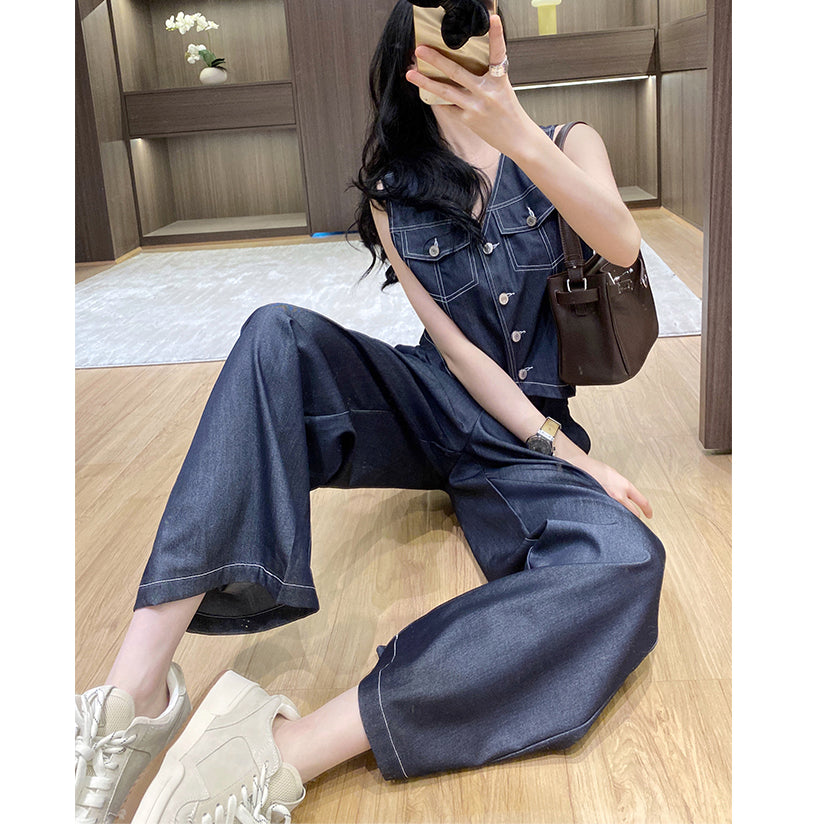 Tencel Denim Vest And Wide-Leg Pants Two-Piece Set