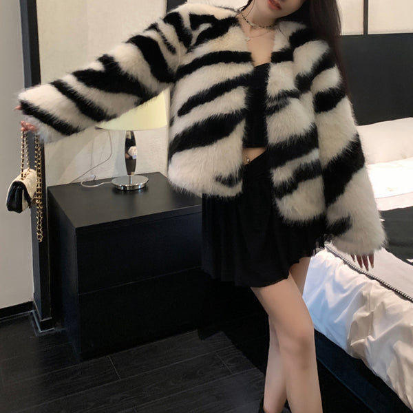 Zebra Print Fox Coat Eco-Friendly Fur Top