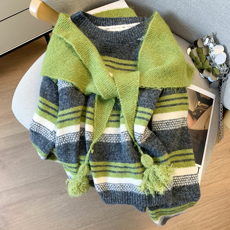 Stylish Striped Loose Knit Pullover (Shawl Included)