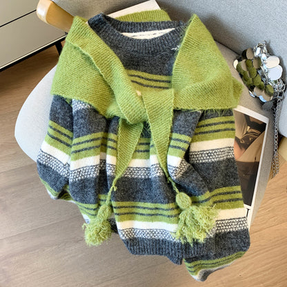 Stylish Striped Loose Knit Pullover (Shawl Included)