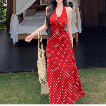 V-neck retro floral polka dot halter dress