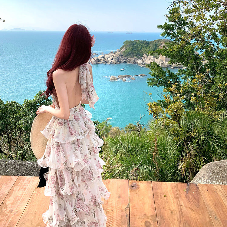 Chiffon Floral Halter Neck Vacation Dress