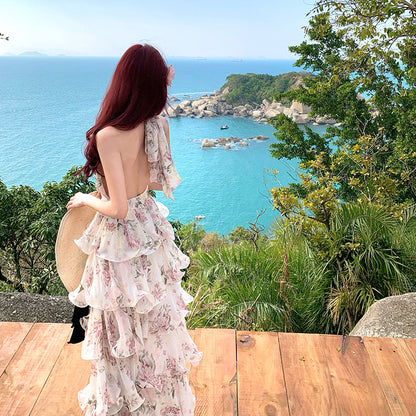 Chiffon Floral Halter Neck Vacation Dress