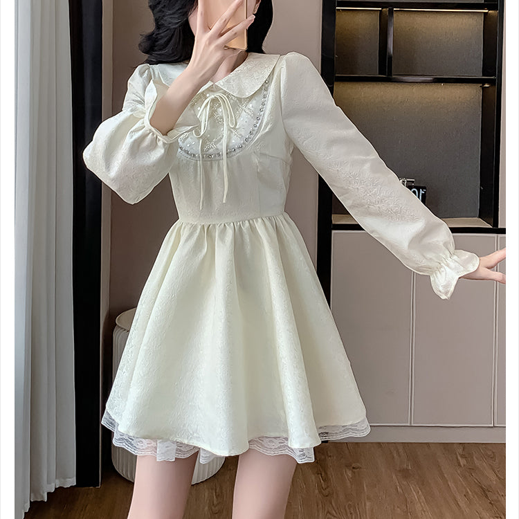 Sweet And Elegant Shirt Collar Waist Long Sleeve Dress