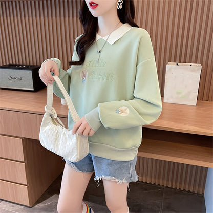 Loose-Fitting Op Collar Patchwork Plus Size Long-Sleeved Sweatshirt