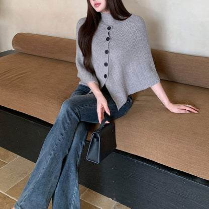 Vintage-Style Asymmetric Side-Button Off-Shoulder Knit Cardigan