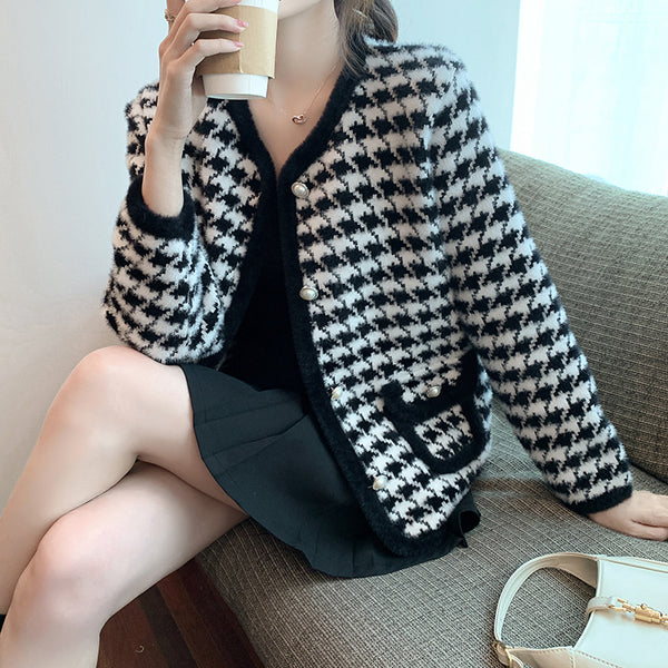 Houndstooth Coat Knitted Cardigan Long Sleeve Top