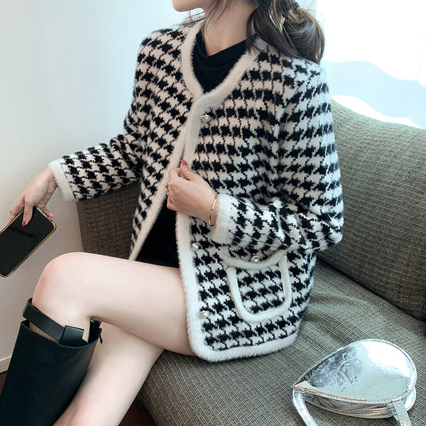 Houndstooth Coat Knitted Cardigan Long Sleeve Top
