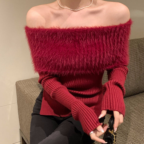 Mink Velvet Sweater One-Word Collar Solid Color Top