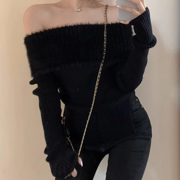 Mink Velvet Sweater One-Word Collar Solid Color Top
