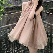 Halter neck off-shoulder dress with rose flower streamer