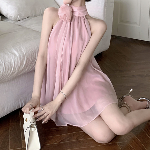 Halter neck off-shoulder dress with rose flower streamer