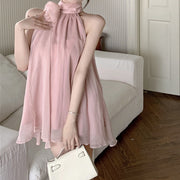 Halter neck off-shoulder dress with rose flower streamer