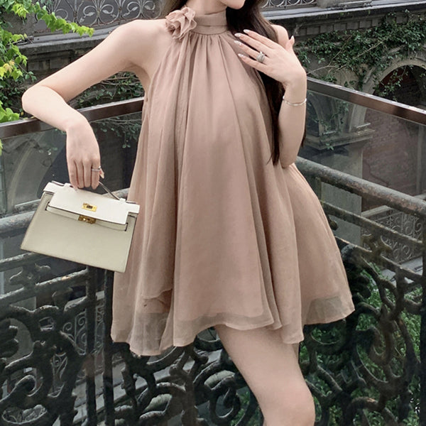 Halter neck off-shoulder dress with rose flower streamer