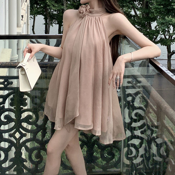 Halter neck off-shoulder dress with rose flower streamer