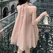 Halter neck off-shoulder dress with rose flower streamer