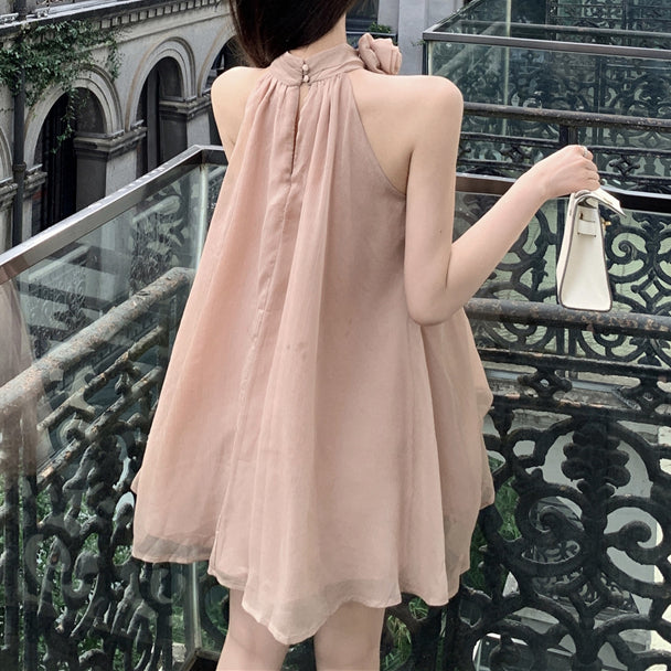 Halter neck off-shoulder dress with rose flower streamer
