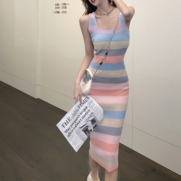 Striped sleeveless square neck tank top waist dress