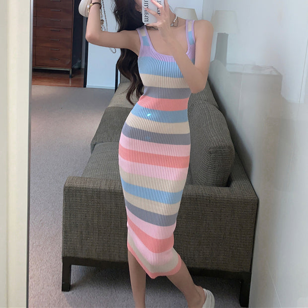 Striped sleeveless square neck tank top waist dress