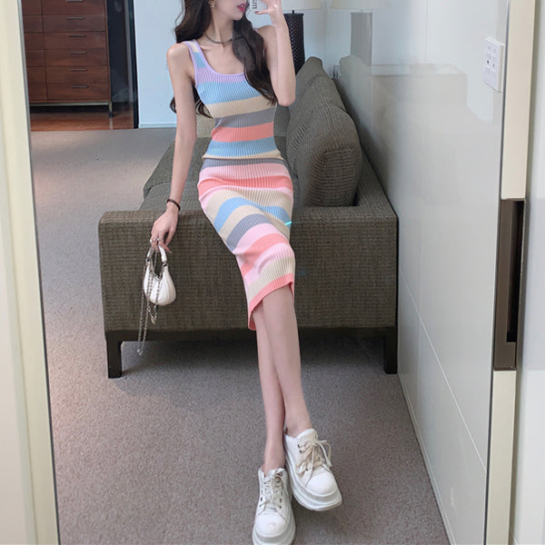 Striped sleeveless square neck tank top waist dress
