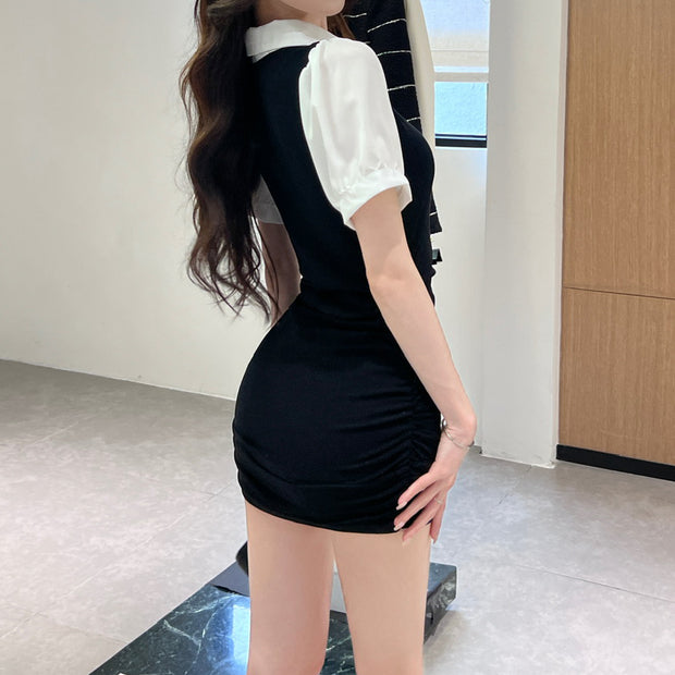 Lapel faux two-piece cotton short sleeve dress