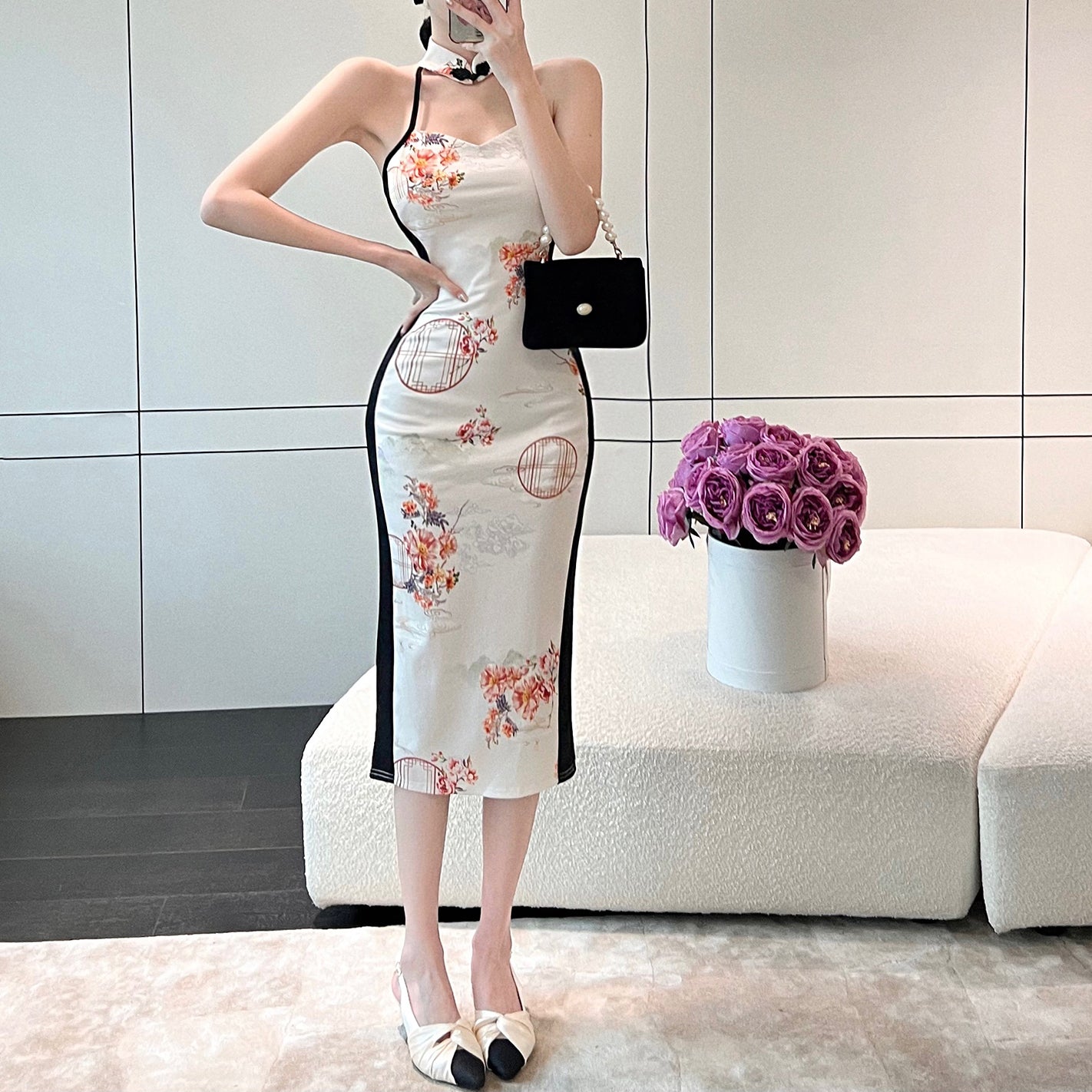 Retro Elegant Printed Color Block Backless Sleeveless Cheongsam