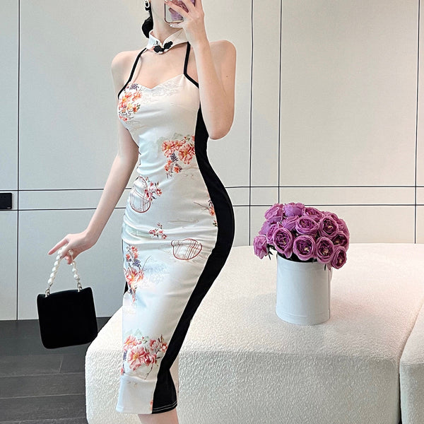 Retro Elegant Printed Color Block Backless Sleeveless Cheongsam
