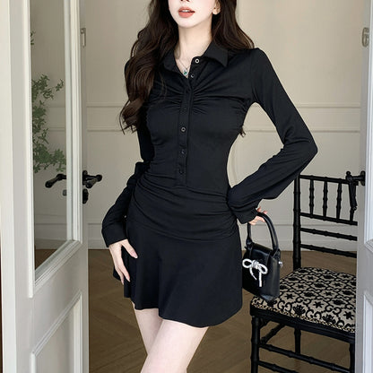 Sporty Polo Neck Dress With Waist