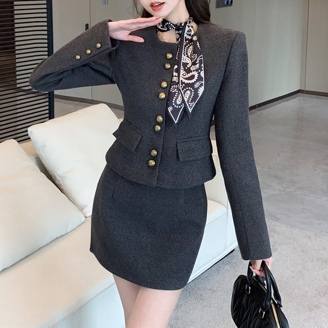 Waist-Cinching Wool Blend Blazer And Skirt Two-Piece Set