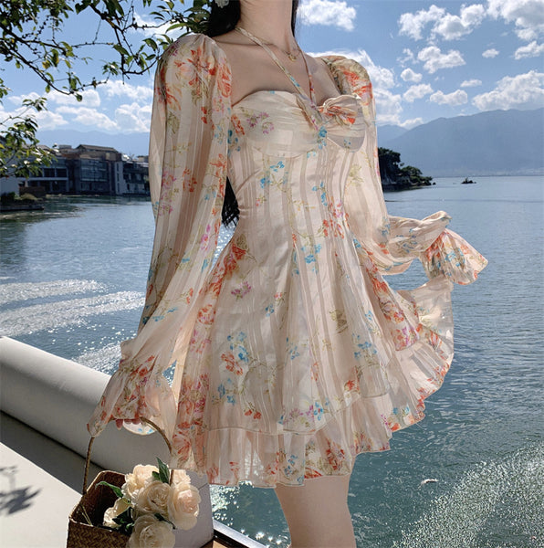 One-Shoulder Long-Sleeve Halterneck Floral Chiffon Dress