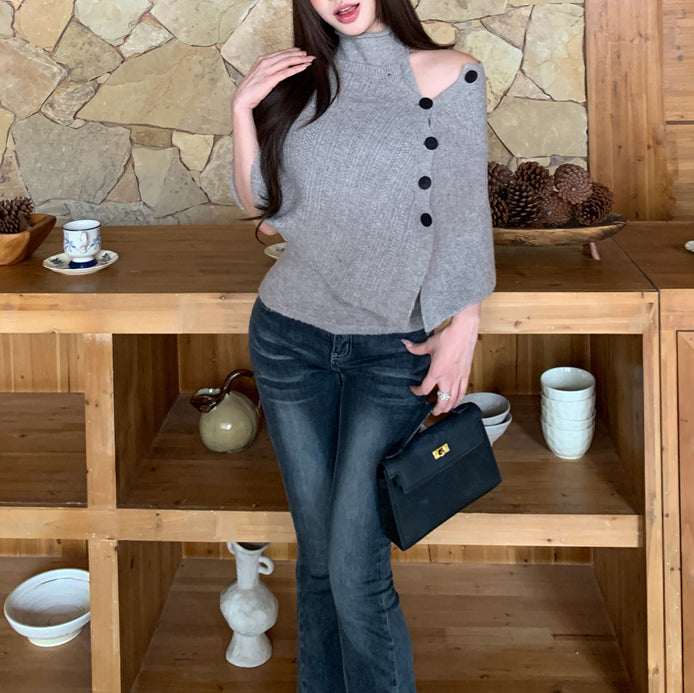 Vintage-Style Asymmetric Side-Button Off-Shoulder Knit Cardigan