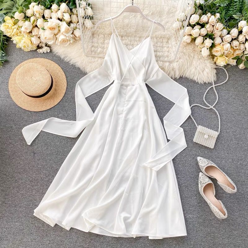 White Sexy Backless Spaghetti-Strap Vacation Dress