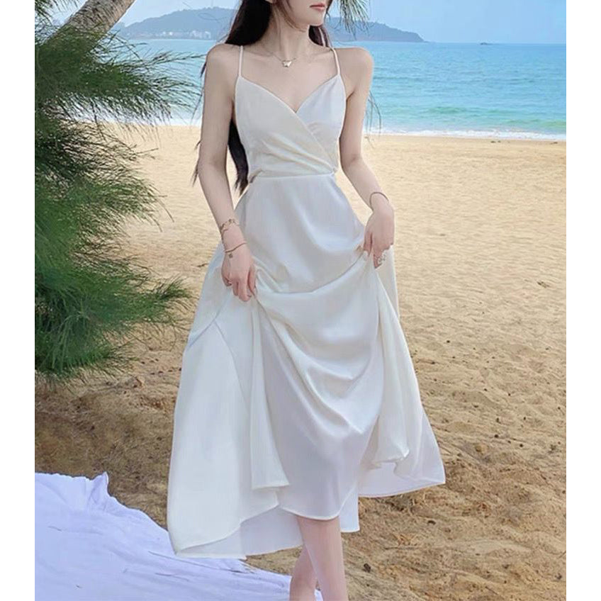 White Sexy Backless Spaghetti-Strap Vacation Dress