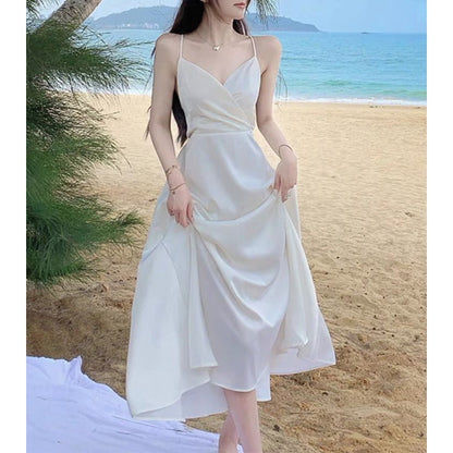 White Sexy Backless Spaghetti-Strap Vacation Dress