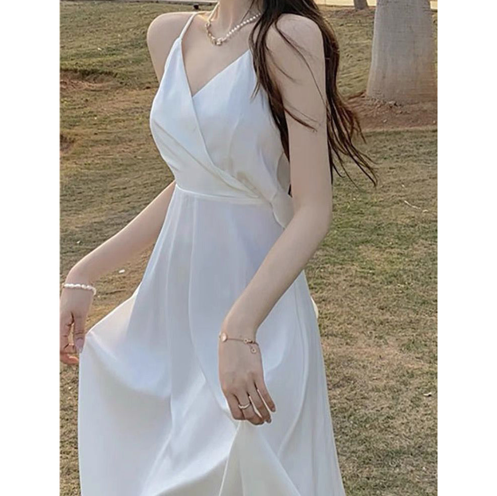White Sexy Backless Spaghetti-Strap Vacation Dress