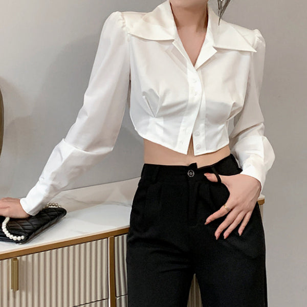 Irregular shirt commuter long sleeve crop top
