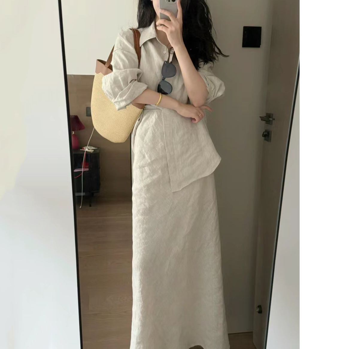Minimalist Loose Long-Sleeve Shirt And Skirt Two-Piece Set