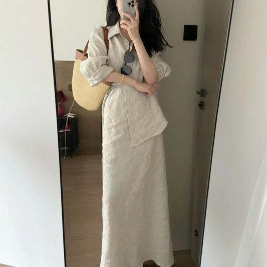 Minimalist Loose Long-Sleeve Shirt And Skirt Two-Piece Set