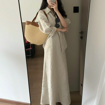Minimalist Loose Long-Sleeve Shirt And Skirt Two-Piece Set
