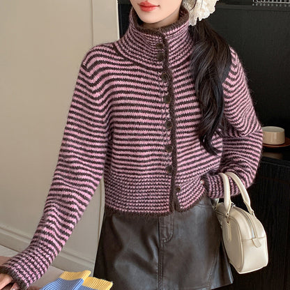 Vintage Striped Stand-Up Collar Single-Breasted Sweater