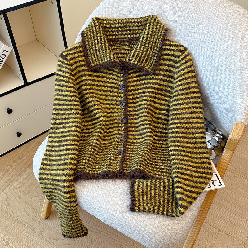 Vintage Striped Stand-Up Collar Single-Breasted Sweater