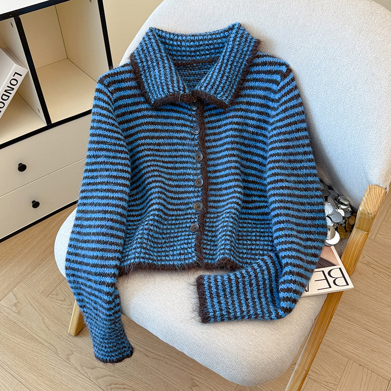 Vintage Striped Stand-Up Collar Single-Breasted Sweater