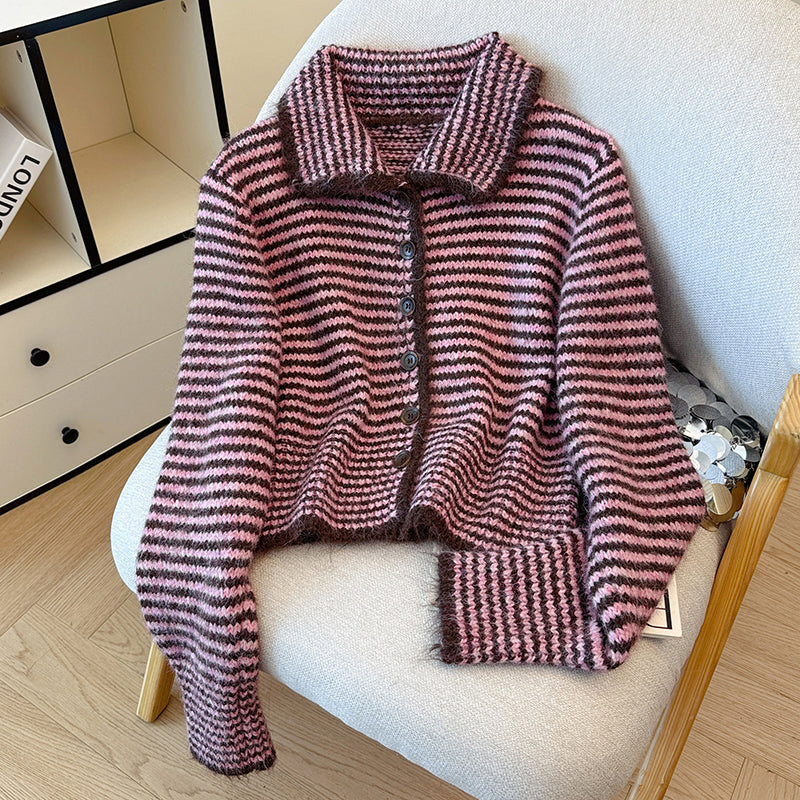 Vintage Striped Stand-Up Collar Single-Breasted Sweater