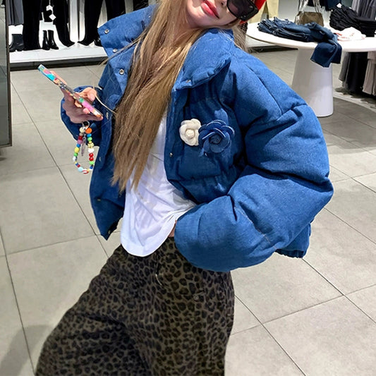 Stylish Stand-Up Collar Blue Cotton Coat