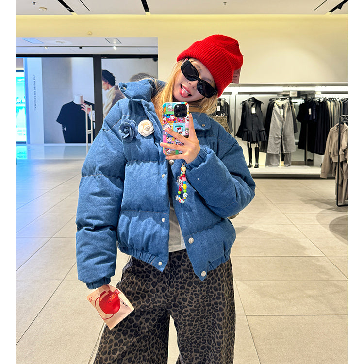 Stylish Stand-Up Collar Blue Cotton Coat